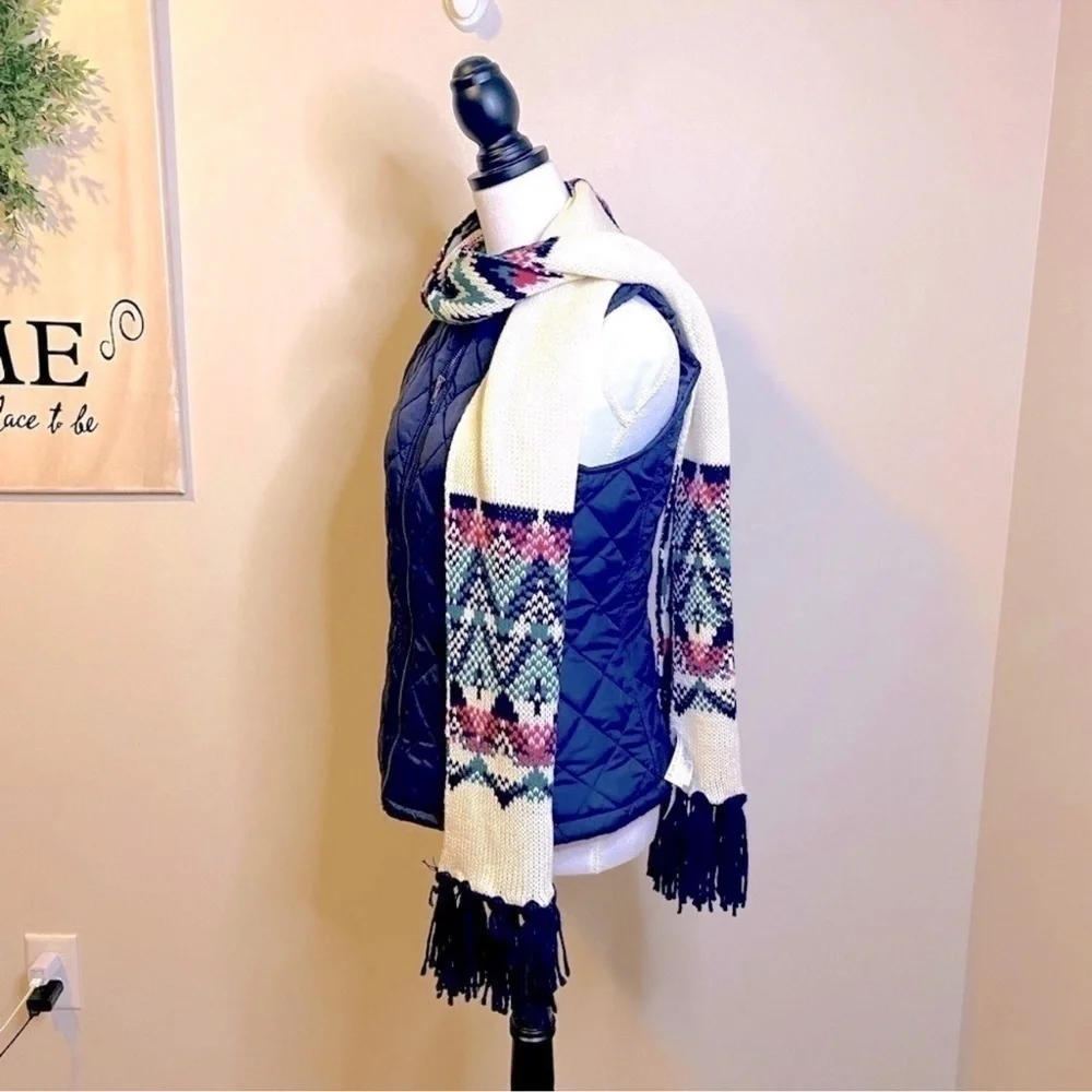 NWT Old Navy Fair Isle Knit Scarf Ivory with Pink Blue and Green 80 Inches